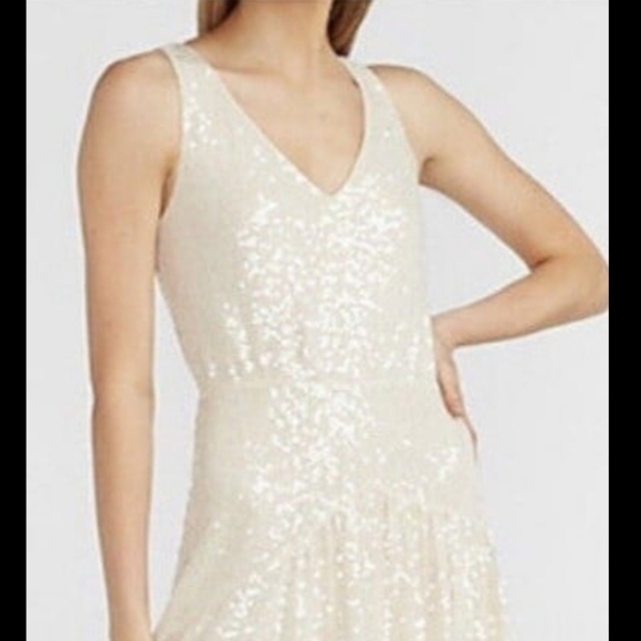 Express-Cream & Iridestant Sequins V-Neck Midi Asymmetric Cinderella Dress-MP - Picture 2 of 6